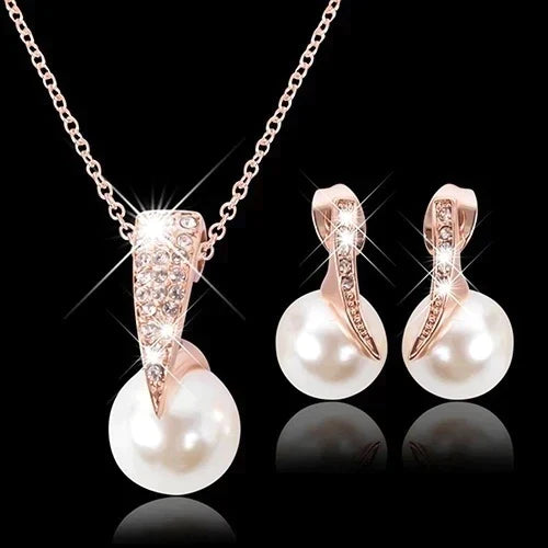 Set Ketting + Oorbellen met Parel in Roze Goud