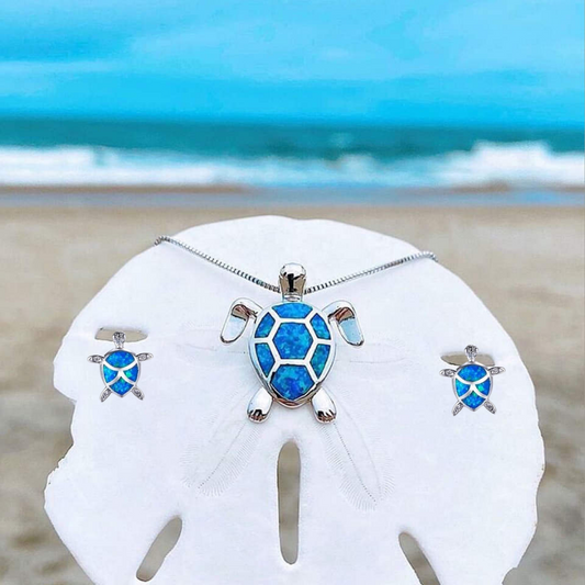 Zeewater Schildpad Hanger + Oorbellen Set in Opal en Zilver
