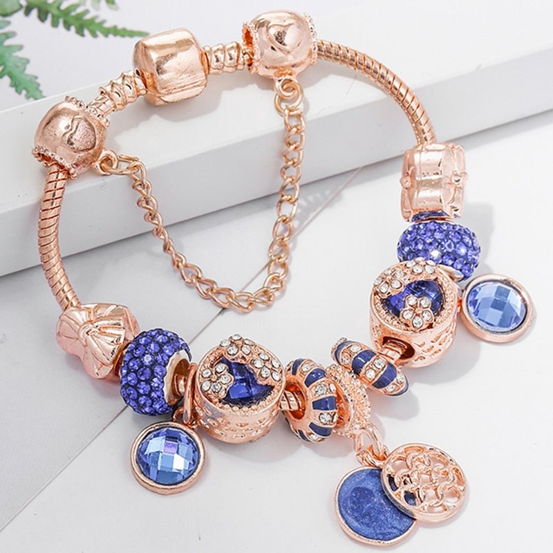 Armband in Roze Zilver en Blauwe Kristal