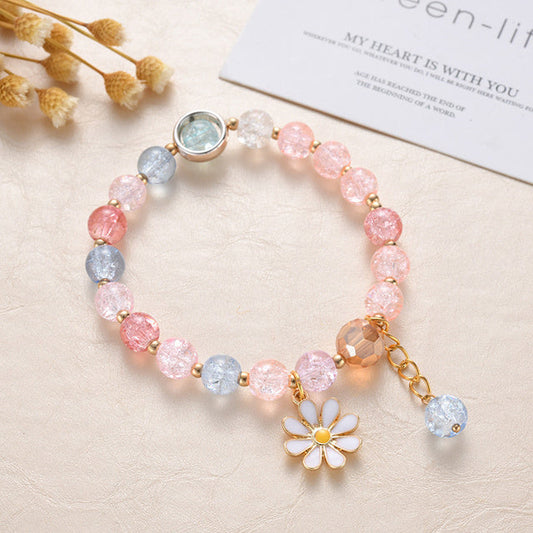 Roze en Blauwe Stenen en Margriet Bloem Armband in Goud