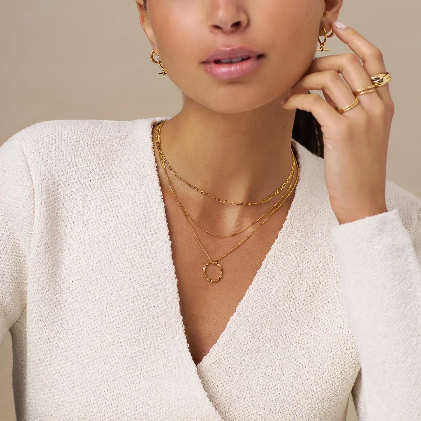 Drie Rij Open Cirkel Ketting | Goud
