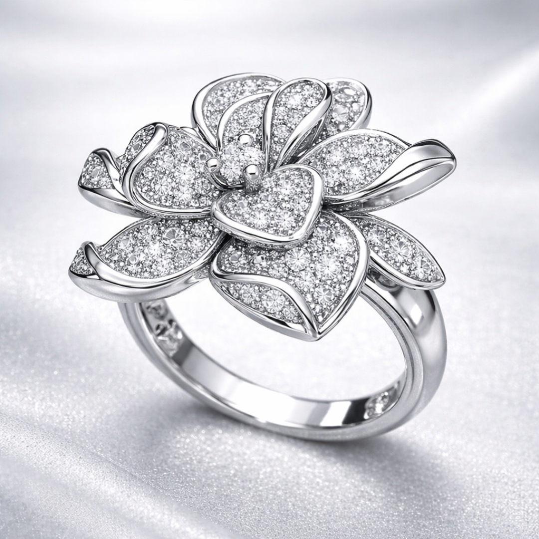Exotische Zilverplated Ring met Zilveren Bloemen