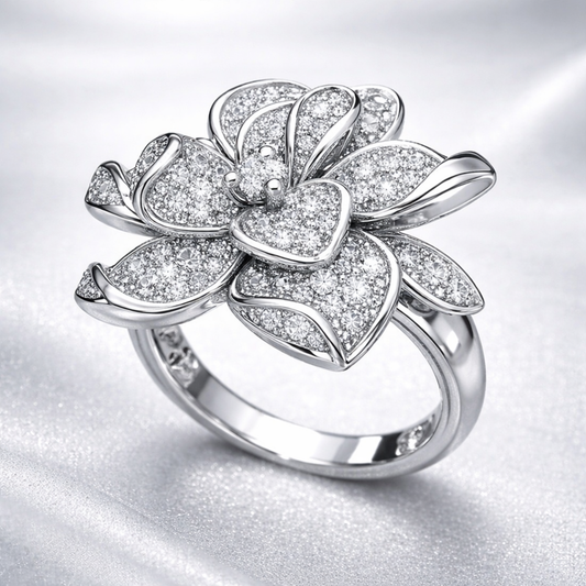 Exotische Zilverplated Ring met Zilveren Bloemen