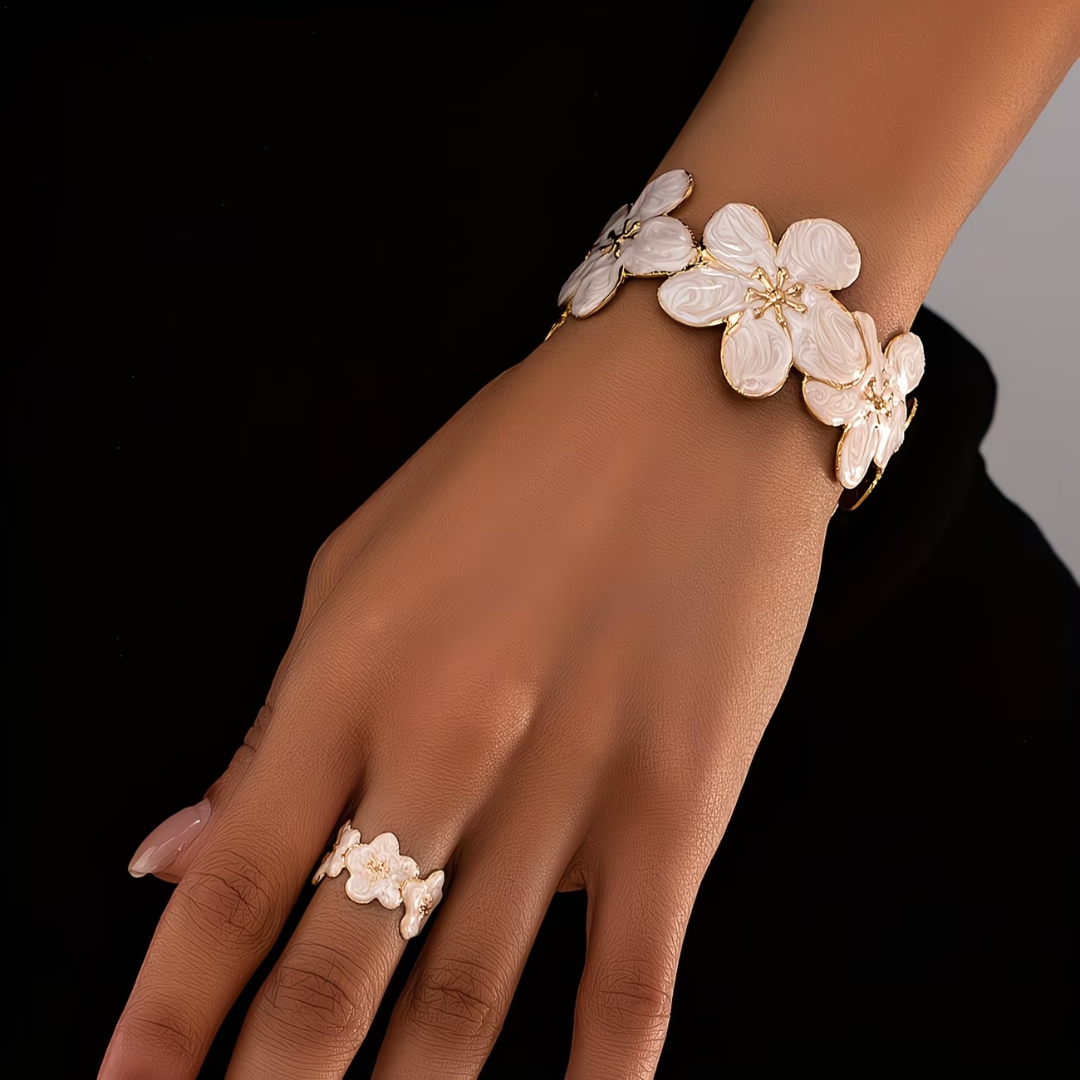 Minimalistische Witte Bloemenring & Armband Set