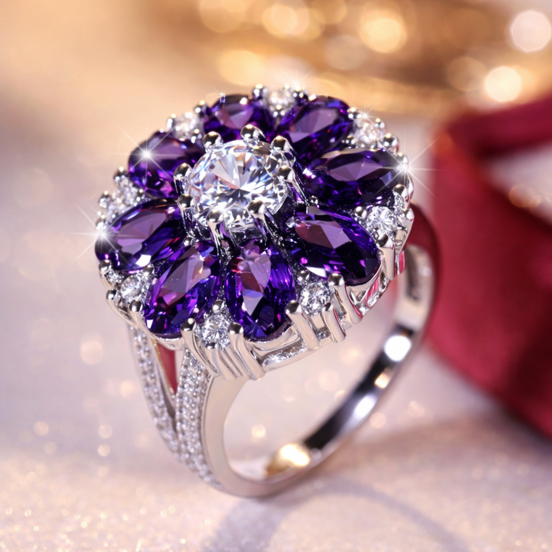 Paarse Bloem Zilveren Ring