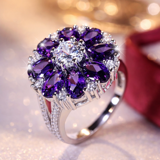 Paarse Bloem Zilveren Ring