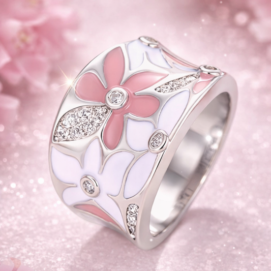 Vintage Roze Bloem Zilveren Ring