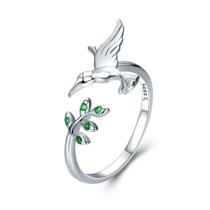 Kolibriring met Groene Zirkonia's in 925 Sterling Zilver