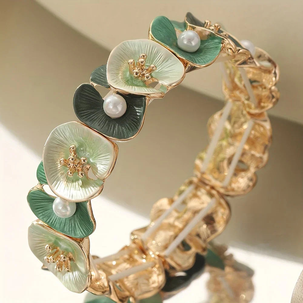 Vintage Groene Bloemenparel Armband