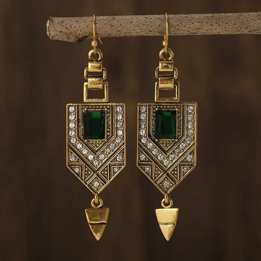 Vintage Gouden & Groene Geometrische Oorbellen