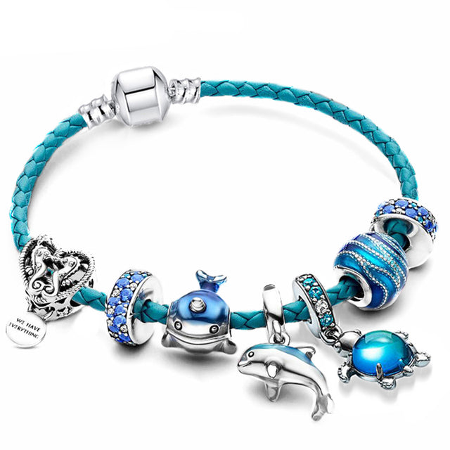 Oceaanstijl Armband + Charms in Leer en Zilver Inclusief