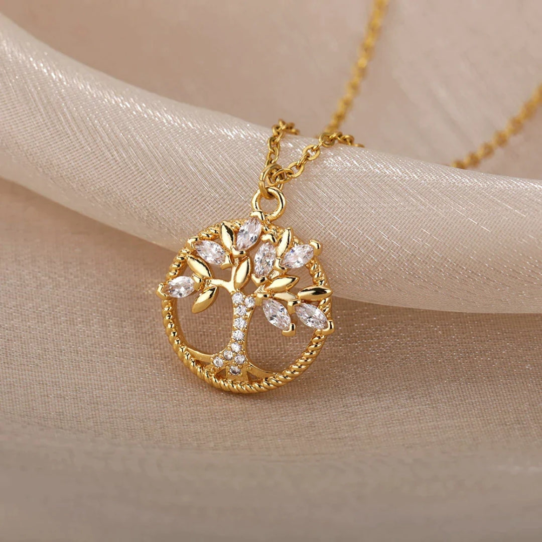 Gouden Ketting met Levensboom Hanger en Kristallen