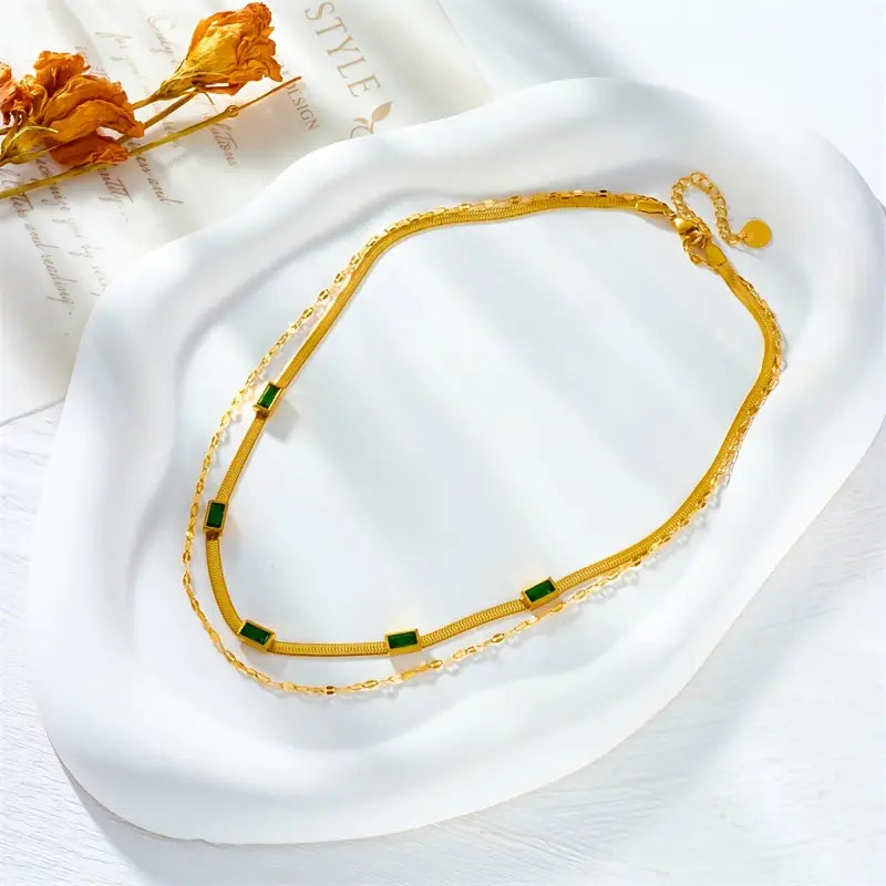 Sorella Dubbele Streng Retro Gouden Ketting met Edelsteen