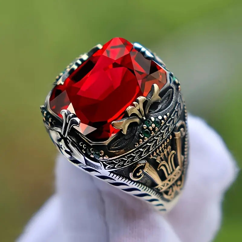 Zilveren Robijn Ornate Signet Ring