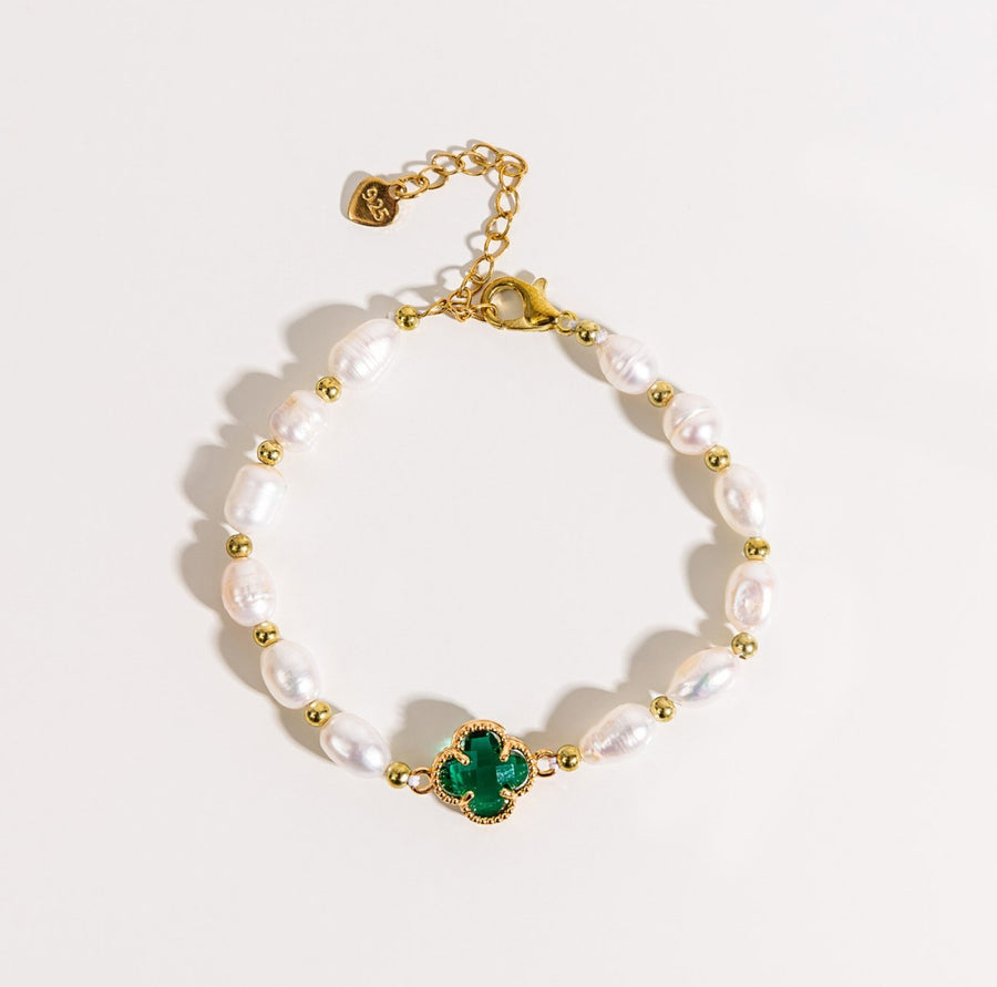 Smaragd Kloverleaf Armband met Smaragden en Parel in Goud