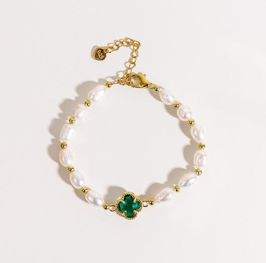 Smaragd Kloverleaf Armband met Smaragden en Parel in Goud