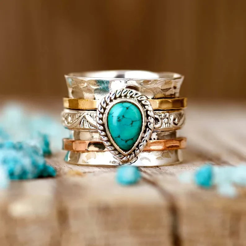 Vintage Turquoise Ingelegde Steen Gouden & Zilveren Ring