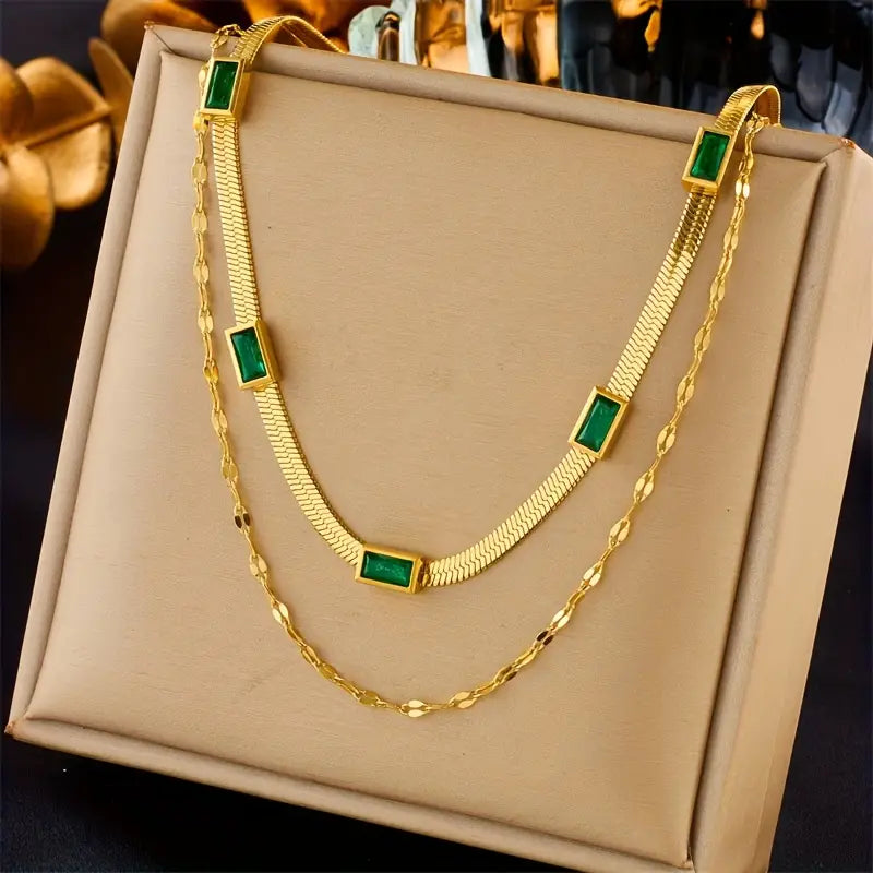 Sorella Dubbele Streng Retro Gouden Ketting met Edelsteen