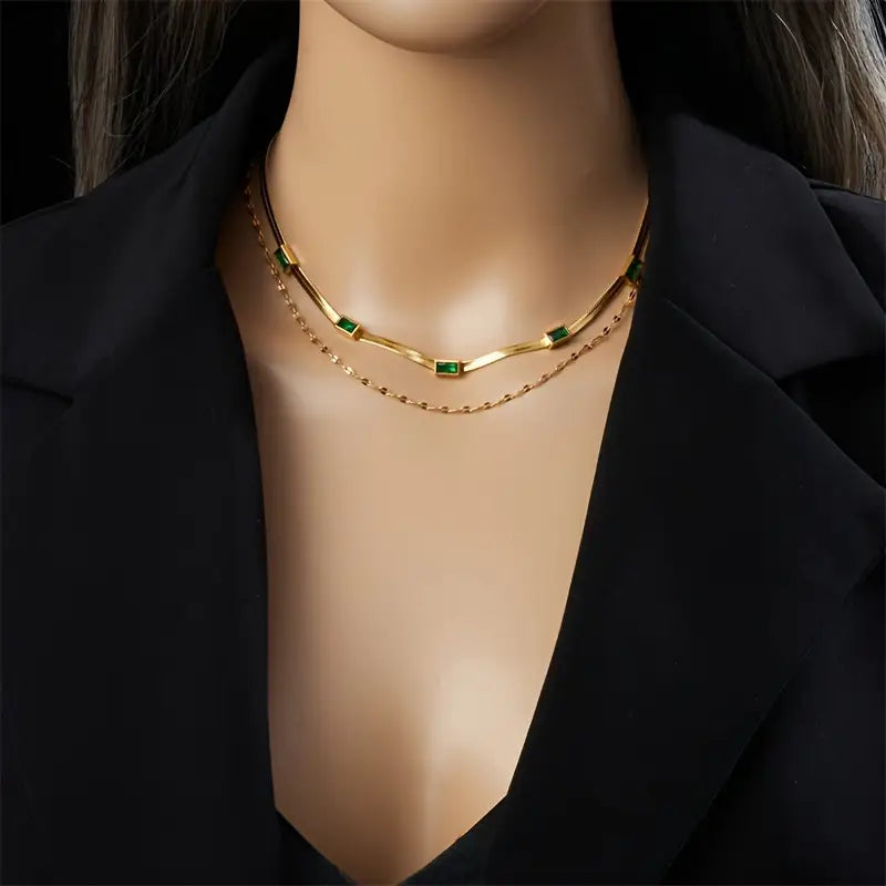 Sorella Dubbele Streng Retro Gouden Ketting met Edelsteen
