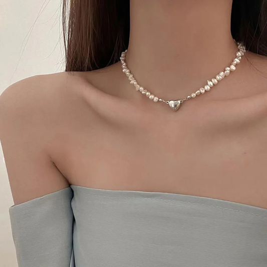 Elegante Zilveren Hart Parelsnoer