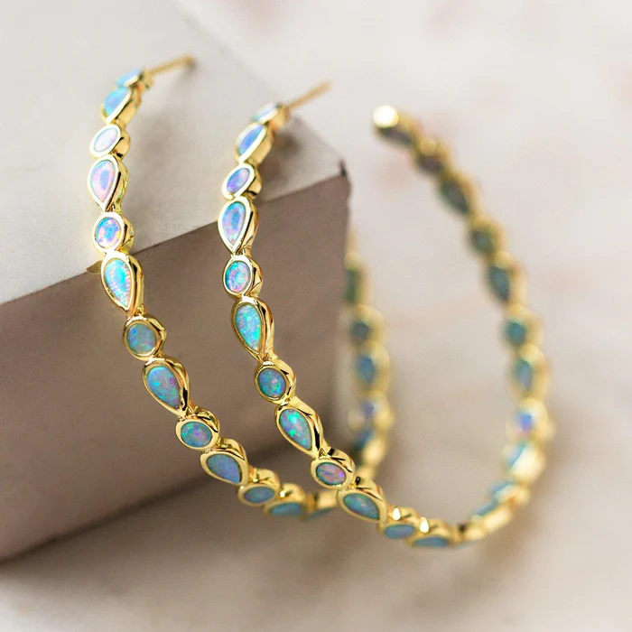 Vintage Blauwe Opal Gouden Hoepel Oorbellen