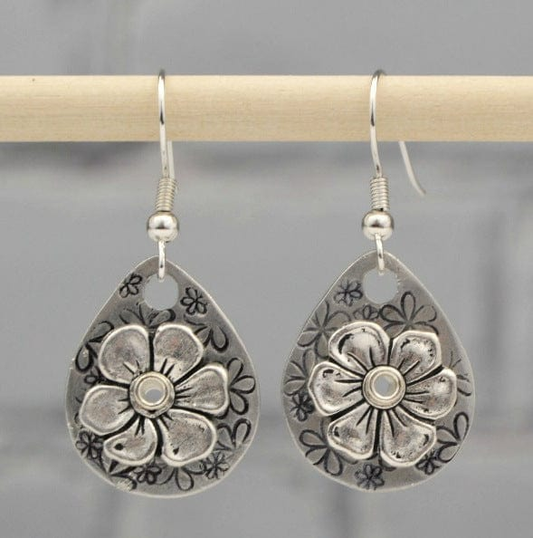Vintage Bloem Dangle Zilveren Oorbellen