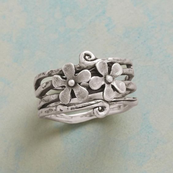 Vintage Bloem Zilveren Gelaagde Ring
