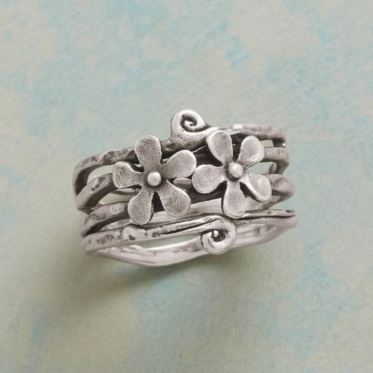 Vintage Bloem Zilveren Gelaagde Ring
