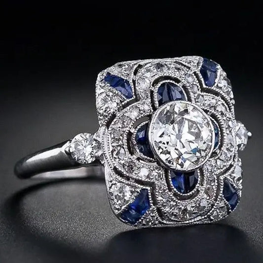 Vintage zilveren ring met blauwe zirconia
