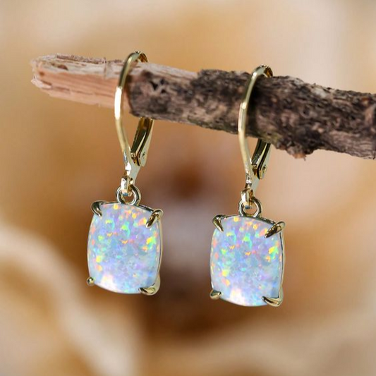 Vintage Witte Opal Vierkante Oorbellen