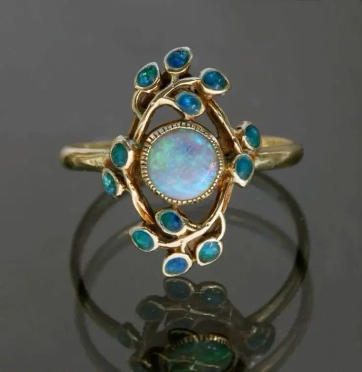 Blauwe Ring Vintage Kristallen en Opal