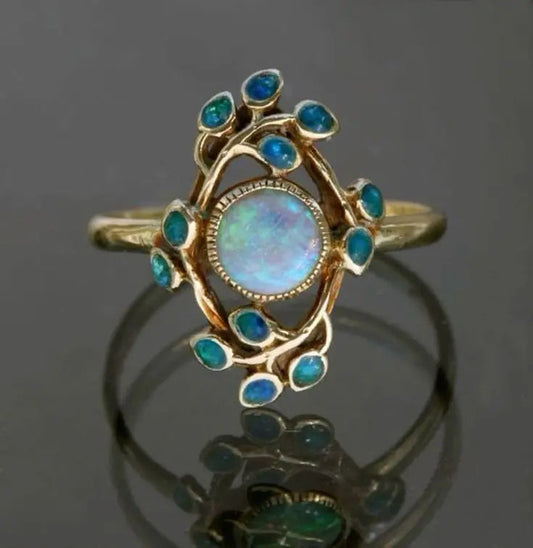 Blauwe Ring Vintage Kristallen en Opal