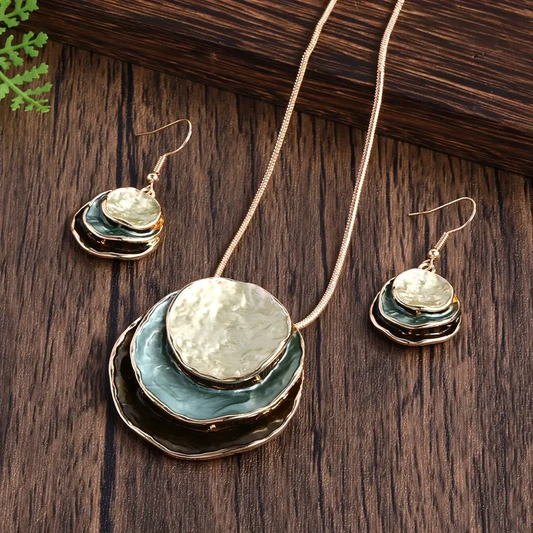 Vintage Blauwe Laagstenen Set (Halsketting + Oorbellen)