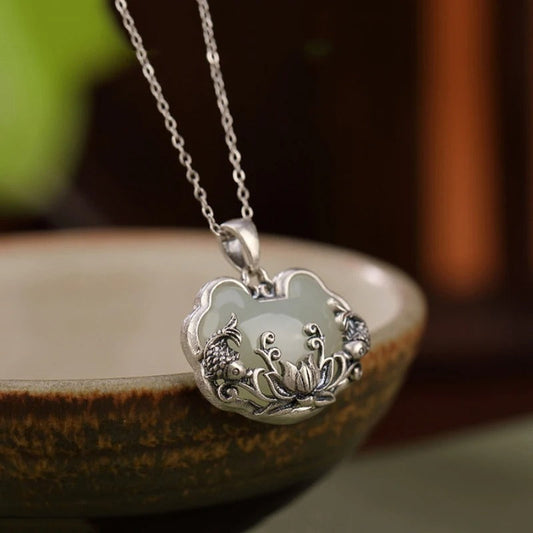Vintage Zilveren Vissenvormige Lotusbloem Ketting