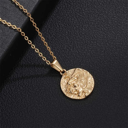 Klassieke Gouden Gegraveerde Leeuwenkop Munt Hanger Ketting