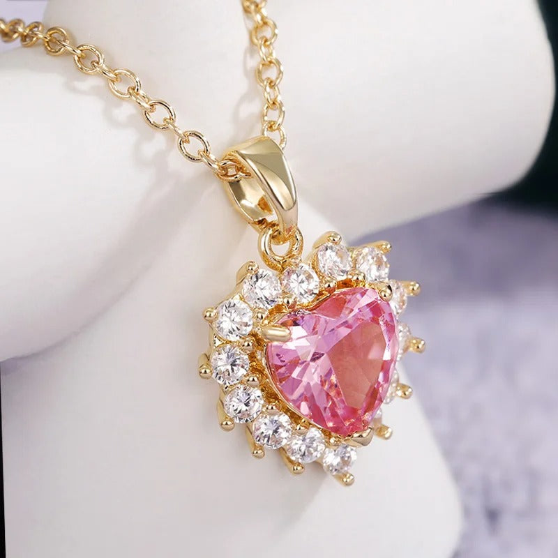 Vintage Gouden & Roze Kristallen Hart Ketting