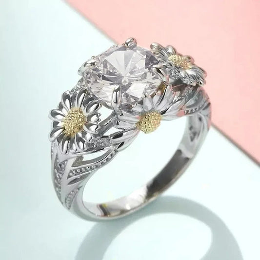 Vintage Gele Zonnebloem & Zilveren Ring