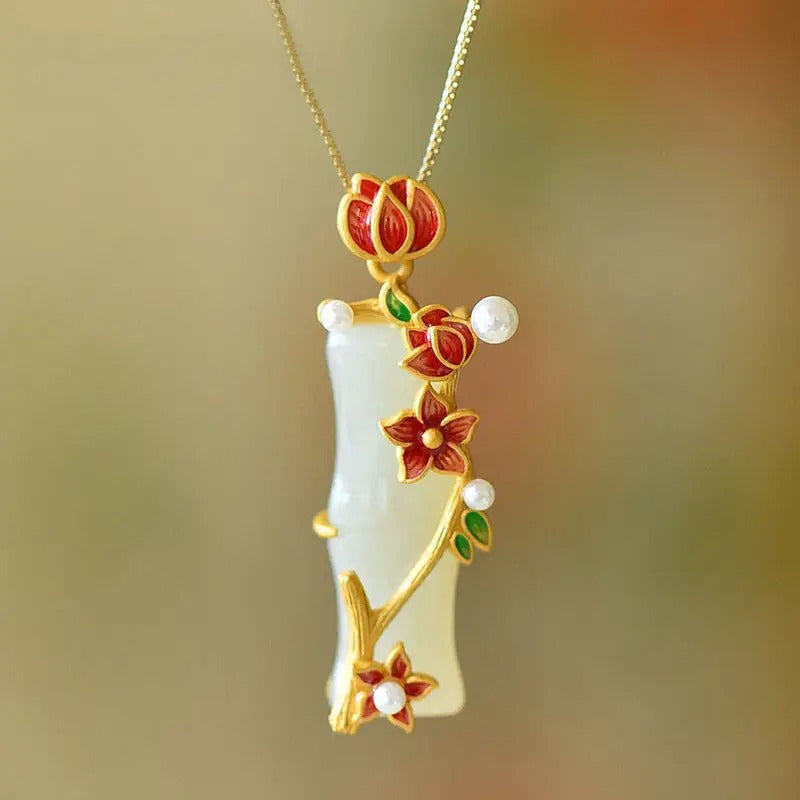 Klassieke Gouden Rode Bloesem & Parel Bloem Pendant Ketting