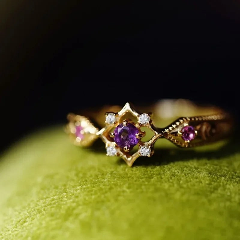 Vintage Gouden & Amethist Paarse Kristallen Geometrische Verstelbare Ring