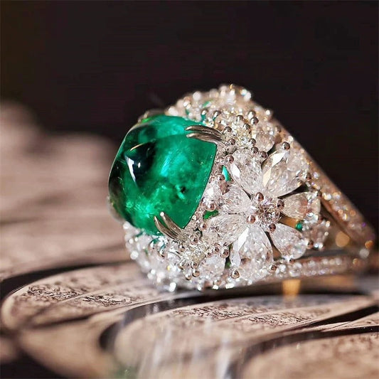 Vintage Groene Steen & Diamant Bloemring