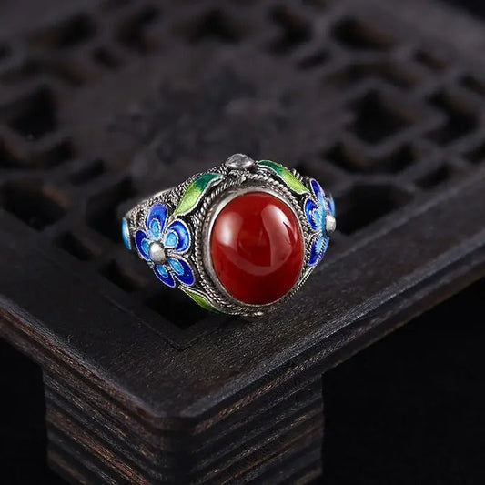 Vintage Zilver Ingelegde Zuidelijke Rode Toermalijn Verstelbare Ring