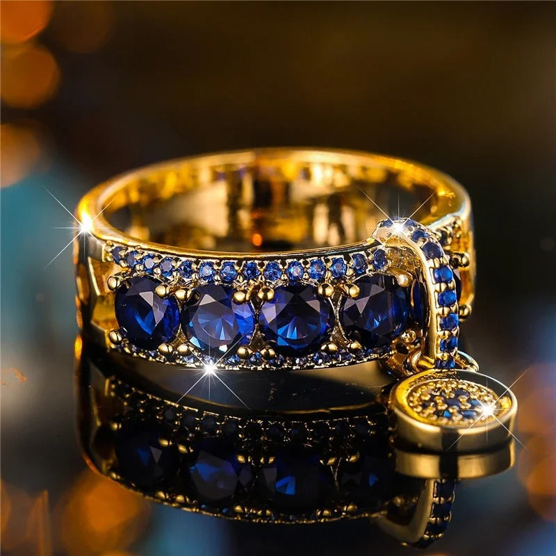 Antiek Gouden & Blauwe Kristallen Statement Ring