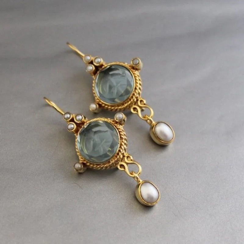 Vintage Blauwe Glas & Parel Dangle Oorbellen