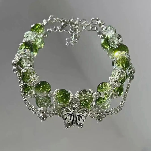 Vintage Zilveren Vlinder & Groene Kralen Armband