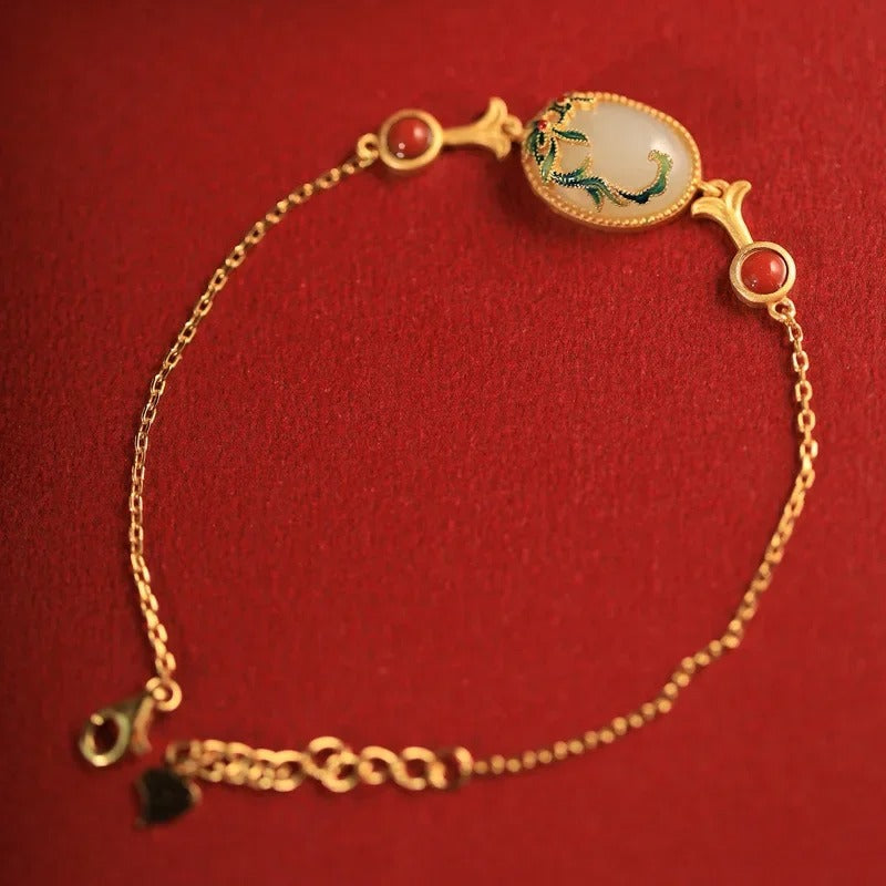 Vintage Gouden Groene & Rode Koraal Gem Bloem Armband