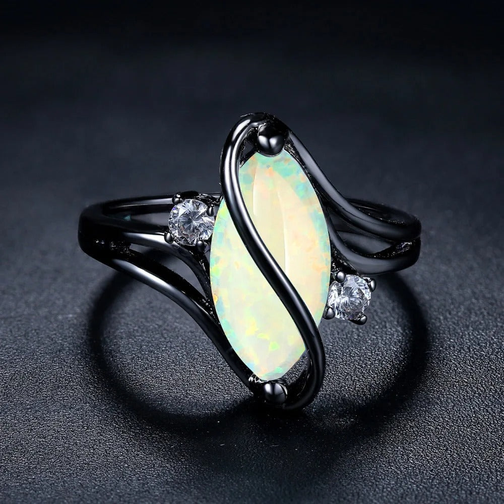 Vintage Zwart Zilver Opal & Kristal Accent Ring
