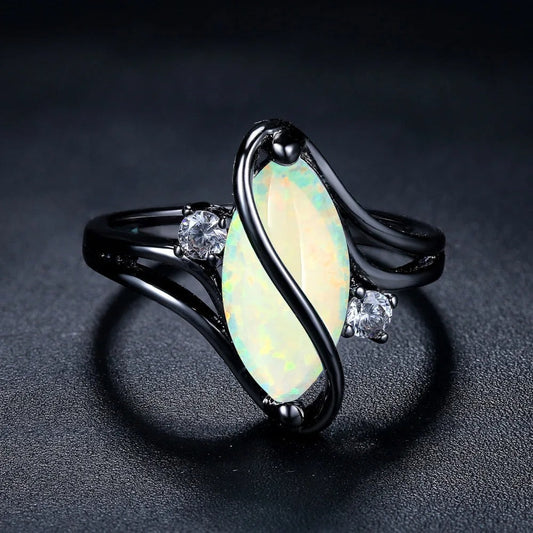 Vintage Zwart Zilver Opal & Kristal Accent Ring