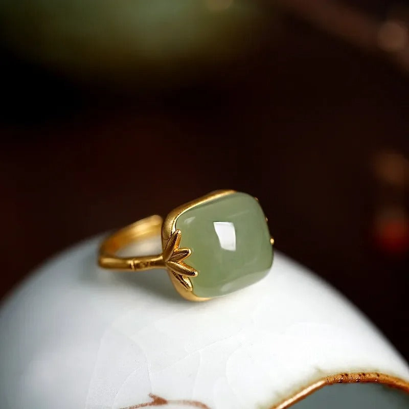 Vintage Gouden Groene Jade Verstelbare Ring
