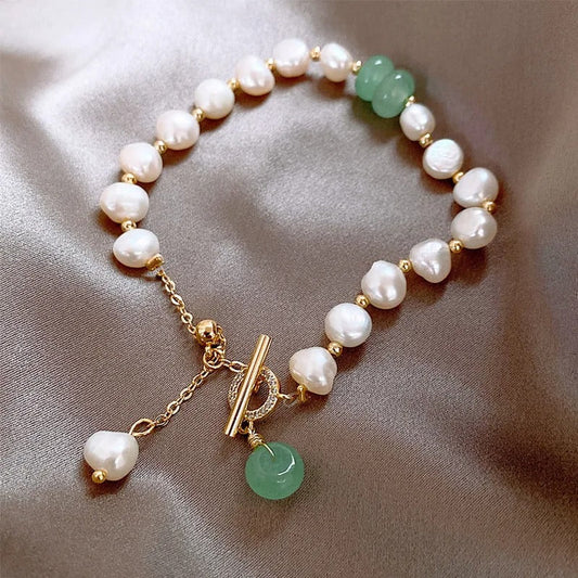 Vintage Parel & Gouden Groene Edelsteen Armband