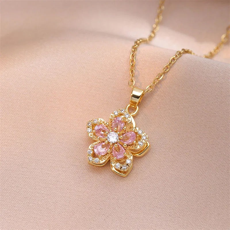 Gouden Roze Kristallen Bloem Ketting